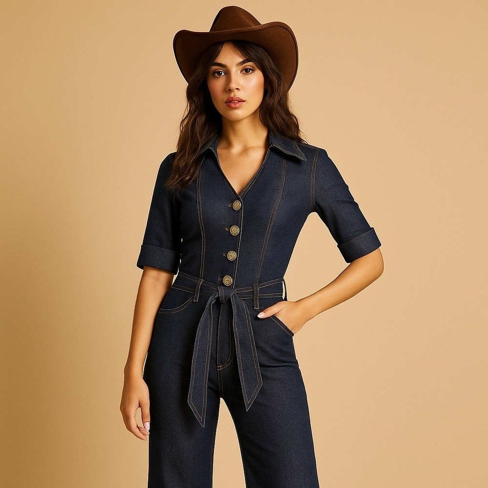 Y2K does‎ 70s Dark Wash Denim Jumpsuit Wide Leg Belted 1 Piece Boiler Retro